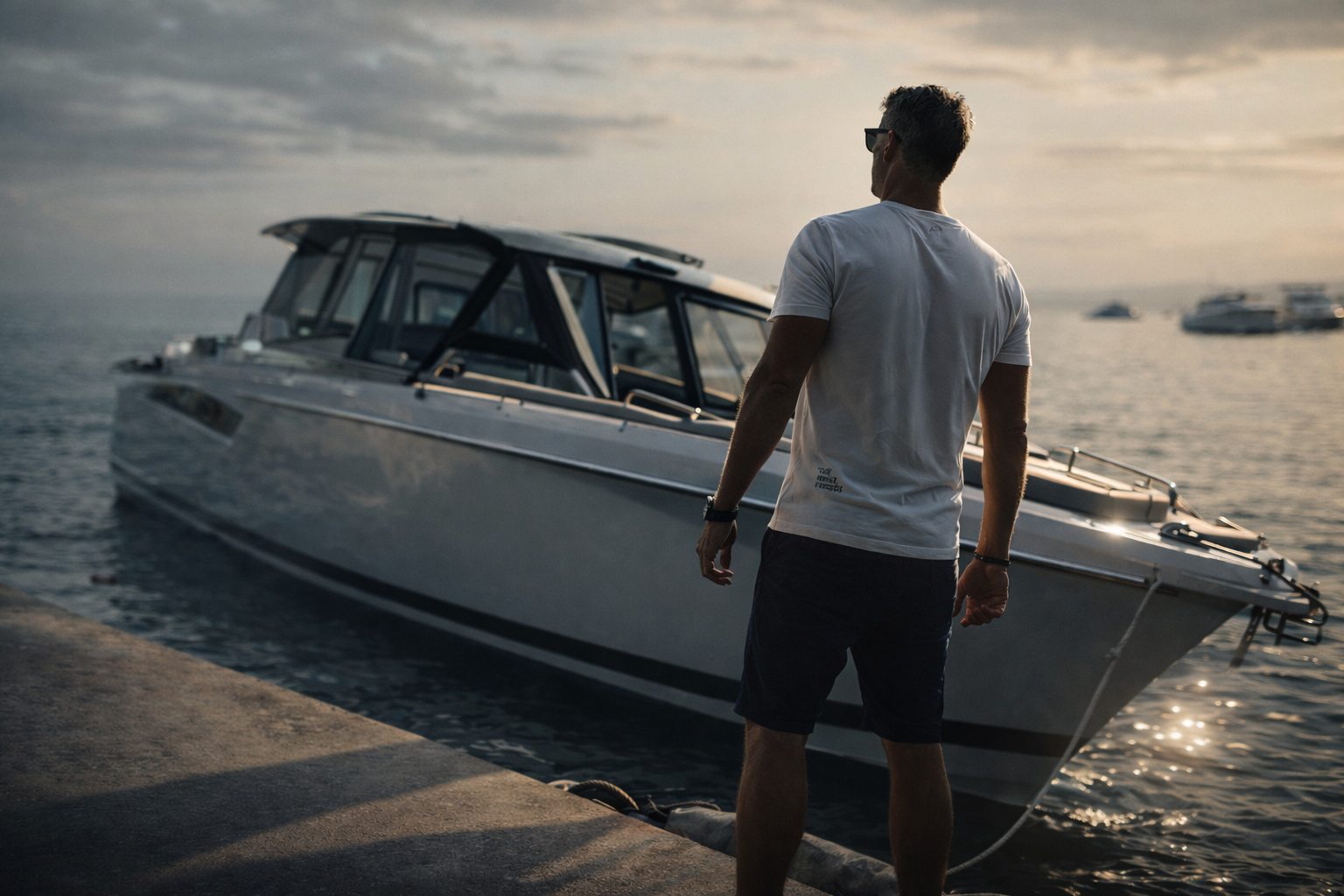 Hisham looking at a moored yacht at dusk